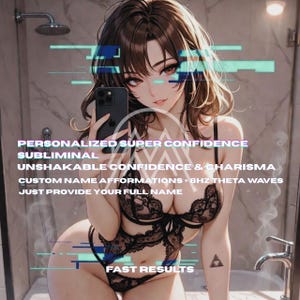 May include: An anime-style illustration of a person holding a smartphone, with text overlayed. The text reads "PERSONALIZED SUPER CONFIDENCE SUBLIMINAL UNSHAKABLE CONFIDENCE & CHARISMA CUSTOM NAME AFFORMATIONS + 8HZ THETA WAVES JUST PROVIDE YOUR FULL NAME FAST RESULTS."