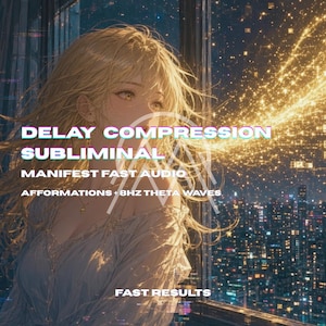 Può includere: Un'illustrazione in stile anime di una persona con lunghi capelli biondi che guarda fuori da una finestra verso lo skyline di una città di notte. Il testo recita: DELAY COMPRESSION SUBLIMINAL, MANIFEST FAST AUDIO, AFFIRMATIONS + 8HZ THETA WAVES.