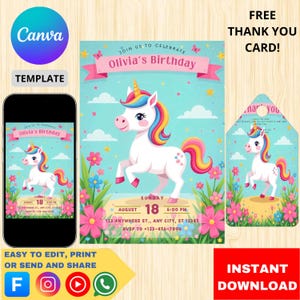 Plantilla de invitación para fiesta de cumpleaños de unicornio, imprimible, mágica, para celebrar el cumpleaños de los niños, editable, diseño rosa y dorado.