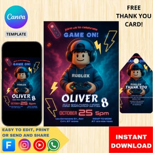 Roblox Geburtstagseinladungen für Jungen & Mädchen | Bearbeitbare Canva Einladen Digital Download Party einladen