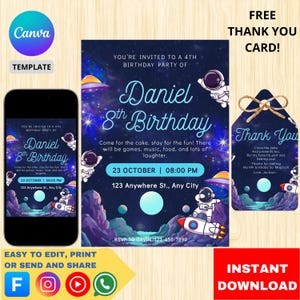 Modèle d'invitation d'anniversaire espace Cosmos - invitation numérique modifiable pour fête d'enfants, thème de l'espace, carte d'anniversaire imprimable
