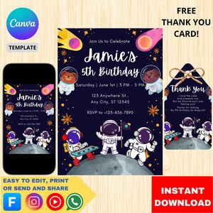 Modèle d'invitation d'anniversaire dans l'espace, invitation de fête numérique modifiable pour les enfants, thème de la galaxie, invitation imprimable dans l'espace, carte d'anniversaire bricolage