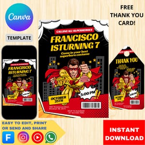 Superhero Birthday Party Invitation Template - Editable Kids Invites for Boys & Girls, Printable Comic Book Theme Invitations
