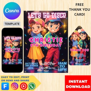 Modèle d'invitation à une soirée disco pour l'anniversaire d'enfants, invitation Lets Go Disco, invitation d'anniversaire imprimable pour la célébration d'enfants