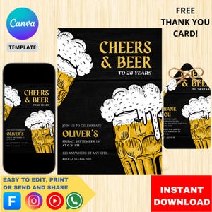 Biereinladungsvorlage zum ausdrucken, anpassbarer Geburtstag und Party einladen, bearbeitbarer Text, digitaler Download, Bierliebhaber-Feierkarte