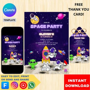 Modelo de convite para festa de aniversário no espaço - convite infantil editável com tema de foguete e astronauta, download digital, cartão para impressão
