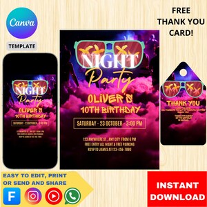 Plantilla editable de invitación de cumpleaños para fiesta nocturna / Invitación digital imprimible para celebraciones y eventos infantiles