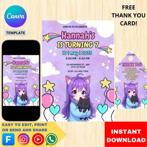 Anime Girl Birthday Party Invitation Template - Printable DIY Invite for Kids, Manga Style Birthday Celebration, Editable Instant Download