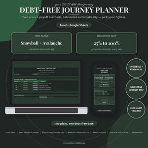 May include: A digital debt-free journey planner for Excel and Google Sheets, featuring a dark green interface with a laptop and smartphone display. It includes a milestone map, snowball and avalanche payoff methods, and a 2027 habit tracker.