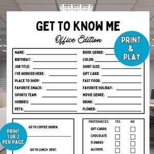 Team Building Get to Know Me Questionnaire Printable, Office Party Games, Team Building Game, Staff Meeting Games, get to know me employee