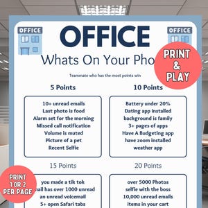 Office Party Games Whats on your phone, Work Party Games, Printable Office Games, Team Building Game, Fun Offices Games, Staff Meeting Games