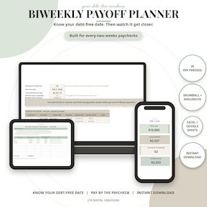 May include: A digital biweekly payoff planner displayed on a computer monitor, tablet, and smartphone. The interface features tables for debt tracking, interest calculations, and payoff dates, with circular icons highlighting features like 26 pay periods.