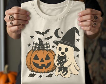 Vintage Halloween-spook en pompoen, png, herfstontwerp (digitale download)