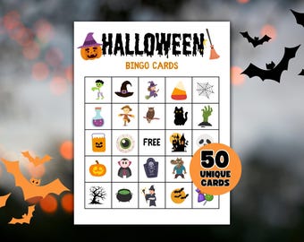 Halloween Bingo, 50 Halloween Bingo Cards,Halloween Party Game, Kids Halloween Party Game, Halloween Classroom Activity, Fall Party Bingo