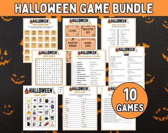 May include: A Halloween game bundle featuring 10 different games. The games include a word search, bingo cards, trivia, and more. The bundle is decorated with Halloween-themed graphics and text, including the words "Halloween" and "Games".