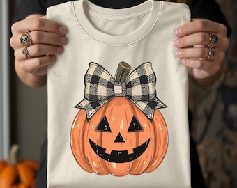 Vintage Boho Pumpkin PNG, Checkered Bow, Autumn Design (Digital Download)