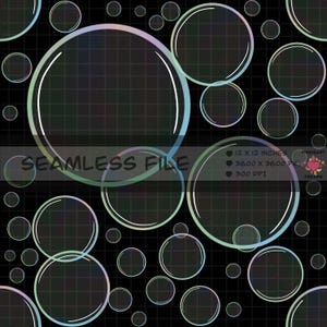 Può includere: File digitale senza cuciture con un motivo di bolle iridescenti di varie dimensioni su uno sfondo a griglia nera. Il testo "SEAMLESS FILE" è visualizzato sull'immagine. Le dimensioni del file sono 30,48 x 30,48 cm.