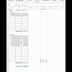 May include: A spreadsheet with a green border showing a monthly budget for January. The spreadsheet includes income and expenses with dates, categories, and amounts. The total income is $3,009.20 and the total expenses are $2,912.00. The cash flow is $97.20.
