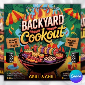 Backyard Cookout Flyer, BBQ Flyer, Summer Cookout Flyer, DIY Canva Editable Design Template, Food Flyer, Social Media Flyer, Party Flyer