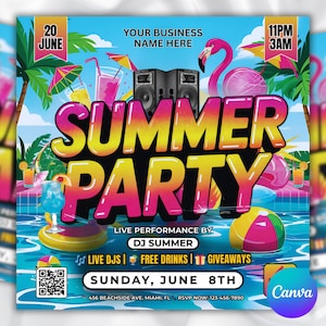 Summer Party Flyer, DIY Flyer Template Design, Pool Party Invite Flyer, Summer Break Party Flyer, Summer Event Flyer, Canva Instagram Post