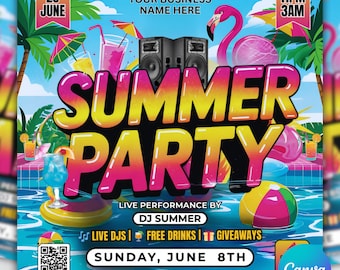 Summer Pool Party Flyer Template, Tropical Event Invitation (Canva Design)
