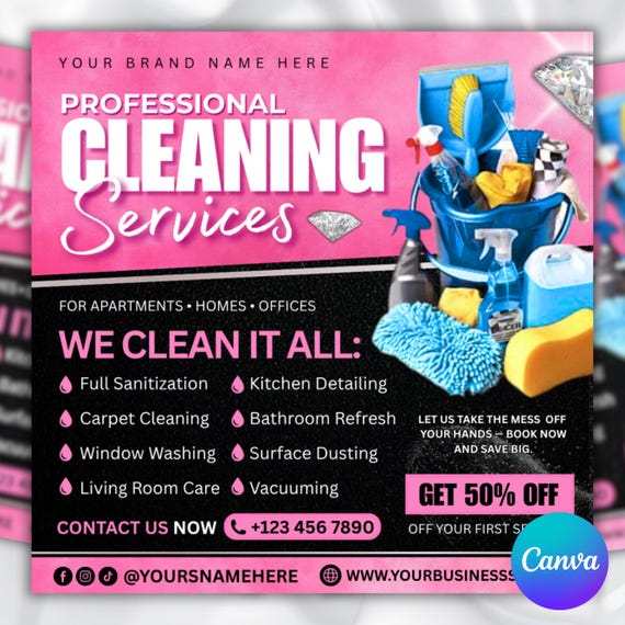 Cleaning Services Flyer Template: DIY Maid Service Design (1080x1080 px, Canva Editable, Digital Download)