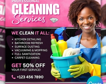 Plantilla de folleto para servicios de limpieza profesional (Descarga en Canva)