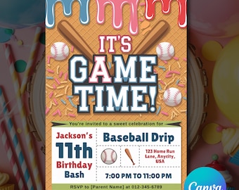 Baseball Drip Birthday Party Invitation, Baseball Birthday Invite, Softball Drip, Sports Party for Any Age, Baseball Drip, Editable Canva