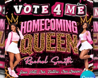 Pink Leopard Homecoming Queen Flyer Template, Vote for Me Campaign (Canva Editable)