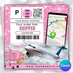 May include: A pink shipping label with the text "Your order has SHIPPED" and a barcode. A smartphone displays a map with a delivery route. An airplane flies above a shopping cart and a gift bag. The image includes the text "YOUR LOGO HERE".