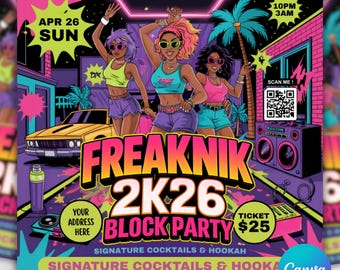 Freaknik Block Party Flyer Template, Summer Pool Mansion Invite (Canva Editable)