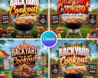 May include: Four promotional flyers for a backyard cookout event. Each flyer features a grill with food, the words "Backyard Cookout," and event details like the date, time, and address. The flyers have a summery, festive design with bright colors.