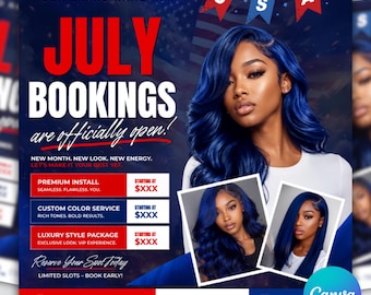 July Booking Flyer, 4th of July Specials, Beauty MUA Hair Lashes Nails (Canva Download)