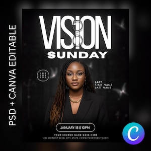 May include: A black and white graphic design for a church event. The word "VISION" is at the top, with "SUNDAY" below it. A woman with glasses and a gold necklace is in the center. The text "JANUARY 18 || 10PM" is at the bottom.