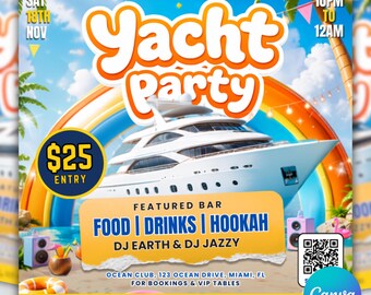 Yacht Party Flyer, Summer Beach Invitation, DJ Event Template (Canva Editable)