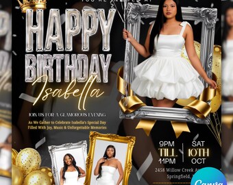 Glamorous Birthday Party Flyer Template | Customizable Canva Invitation (Digital Download)