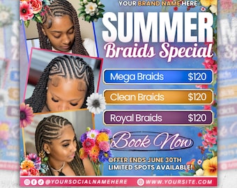 Flyersjabloon zomervlechten, bewerkbare beautyspecial (digitale download)