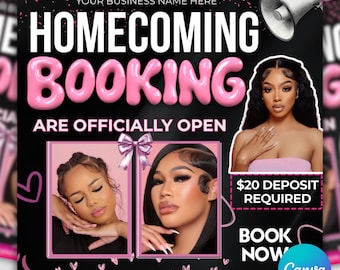 Homecoming Booking Flyer Template, Braids, Hair, Nails, Lash (Canva Download)