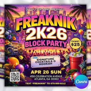 Può includere: Un vivace volantino per una festa di quartiere, con il testo "FREAKNIK 2K26 BLOCK PARTY" in lettere colorate e in grassetto. Il design include un paesaggio urbano, palme, un boombox e una folla di persone. Menziona anche cocktail e narghilè.
