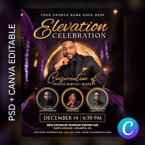 Può includere: Un volantino promozionale con sfondo nero e viola, con il testo "Elevation Celebration" e "Consacrazione dell'Apostolo Marcus J. Bennett". Include ritratti di tre persone e dettagli dell'evento.