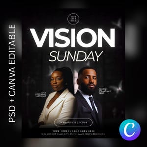 Op de afbeelding: Een zwart-witte promotieflyer met de tekst "VISION SUNDAY". Het toont een man en een vrouw in formele kleding. De flyer bevat de datum "18 januari || 22.00 uur" en de tekst "PSD + CANVA EDITABLE".