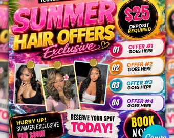 Summer Hair Offers Booking Flyer, Editable Canva Template (Instant Download)