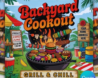 Backyard Cookout Flyer, BBQ Flyer, Summer Cookout Flyer, DIY Canva Editable Design Template, Food Flyer, Social Media Flyer, Party Flyer