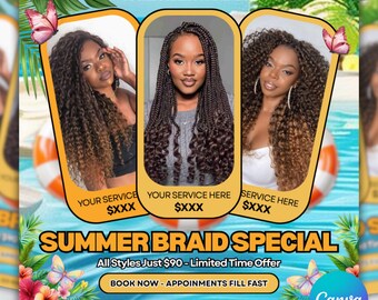 Summer Braid Flyer Template, Beauty Specials, Lash Hair Flyer (Digital Download)