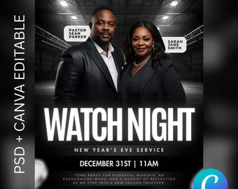 Watch Night Church Flyer | New Year's Eve Service, Editable Canva & PSD