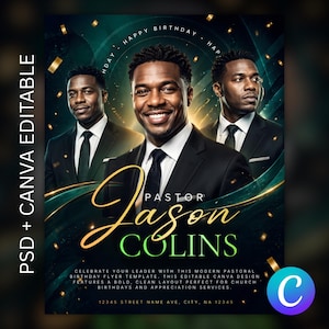 Peut inclure: Un modèle de flyer avec trois hommes en costume, dont un souriant au centre. Le design utilise une palette de couleurs vert foncé et or, avec le texte "Pastor Jason Collins" en script doré. Le flyer comprend également le texte "PSD + CANVA EDITABLE".