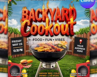 Backyard Cookout Flyer, BBQ Flyer, Summer Cookout Flyer, DIY Canva Editable Design Template, Food Flyer, Social Media Flyer, Party Flyer