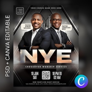 Peut inclure: Flyer promotionnel pour un service de culte de passage au Nouvel An. La conception présente deux hommes en costume, le texte "NYE" en grandes lettres et les détails de l'événement. Comprend le texte "PSD + CANVA EDITABLE".