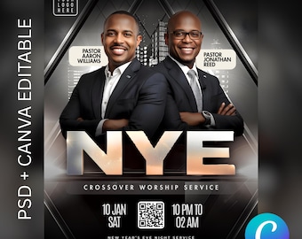 Plantilla de volante para el servicio de Nochevieja en la iglesia / Canva y PSD editables / Diseño cruzado para servicios de Nochevieja