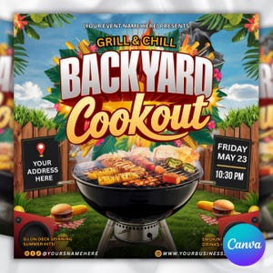 Backyard Cookout Flyer Template, Summer BBQ Party Invitation (Canva Editable)
